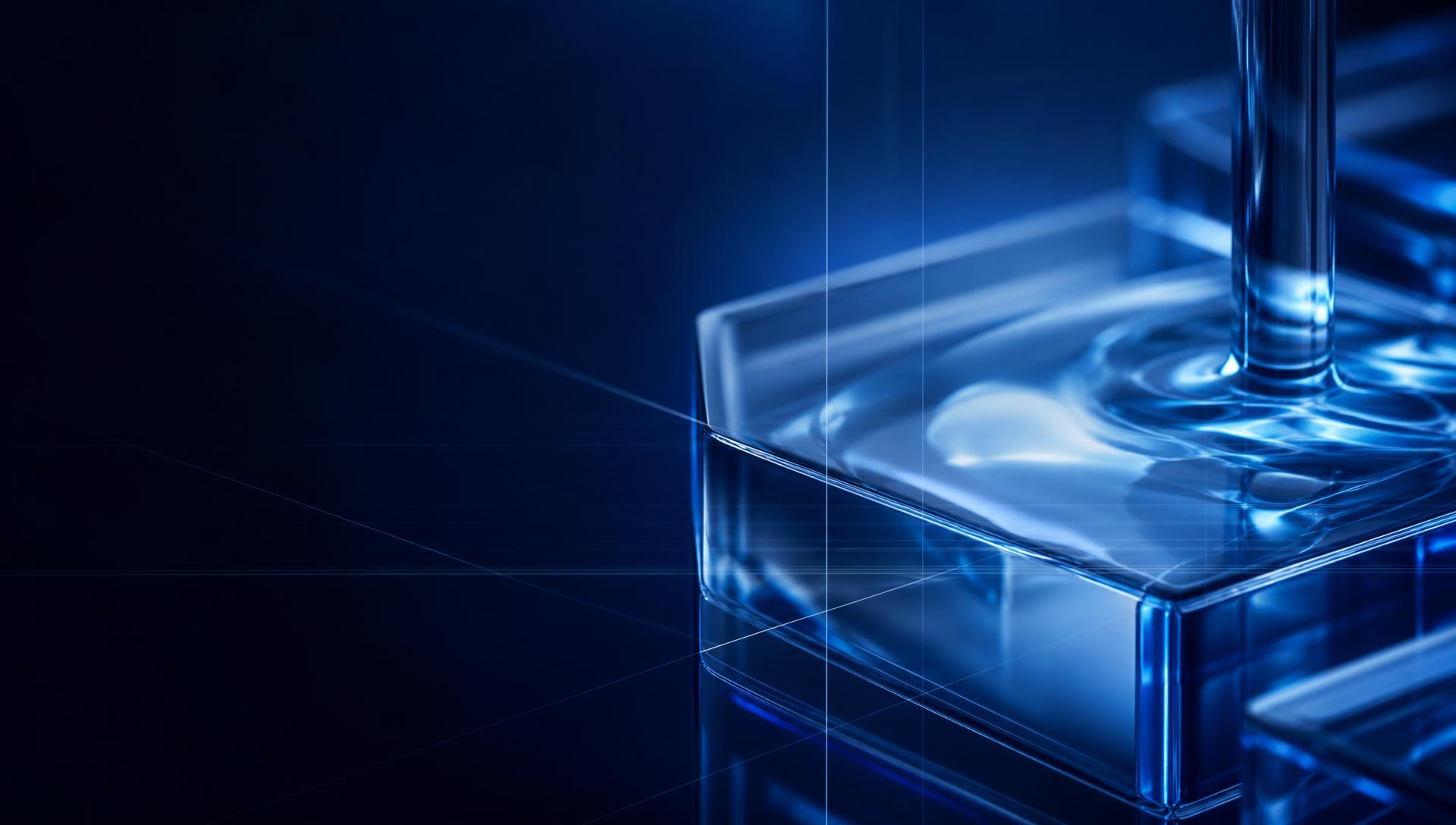 Refracted sterile fluid and precision glass forms in OVO Pharmaceuticals blue